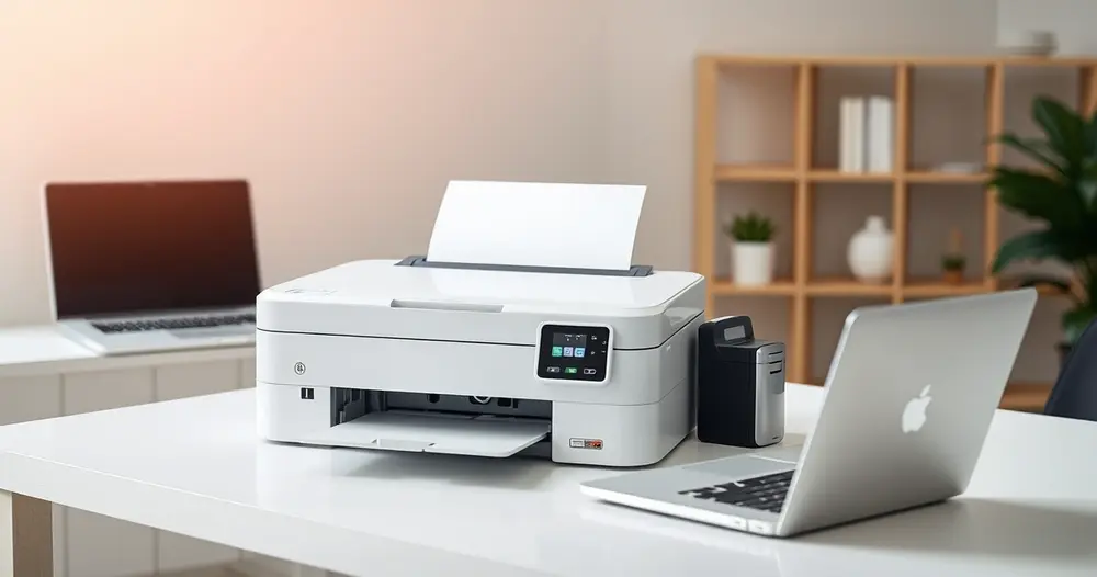 Impressora multifuncional sobre mesa ao lado de notebook