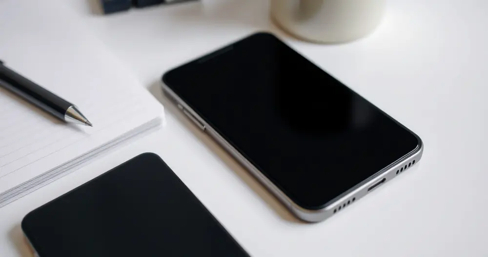 Celular sobre mesa com tela apagada ao lado de xícara e caderno