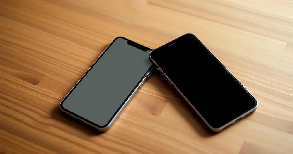 Dois celulares lado a lado sobre mesa de madeira