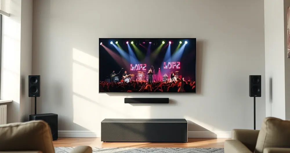 sala com televisão exibindo apresentação musical ao vivo com sistema de som