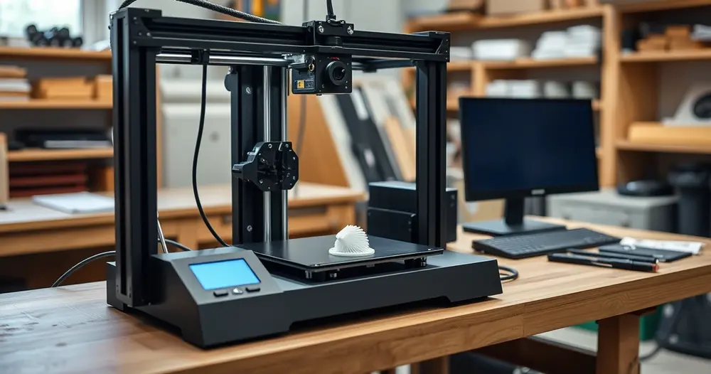 Impressora 3D em funcionamento sobre bancada de oficina