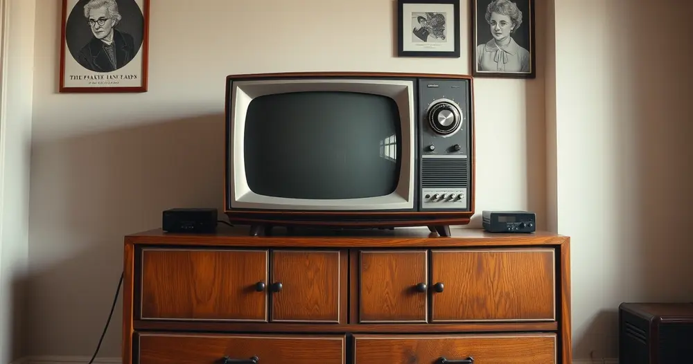 televisor antigo de tubo sobre móvel de madeira em ambiente retrô